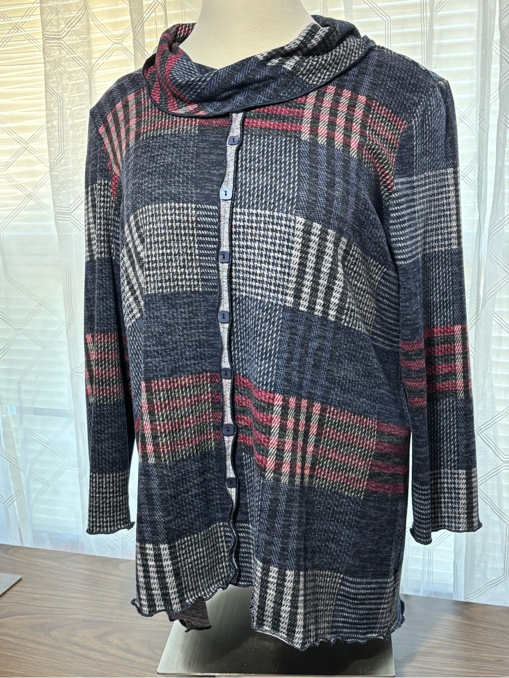 Pure Essence Plaid Button-Front Cowl Neck Women's Tunic 29 p2p 33L faux button